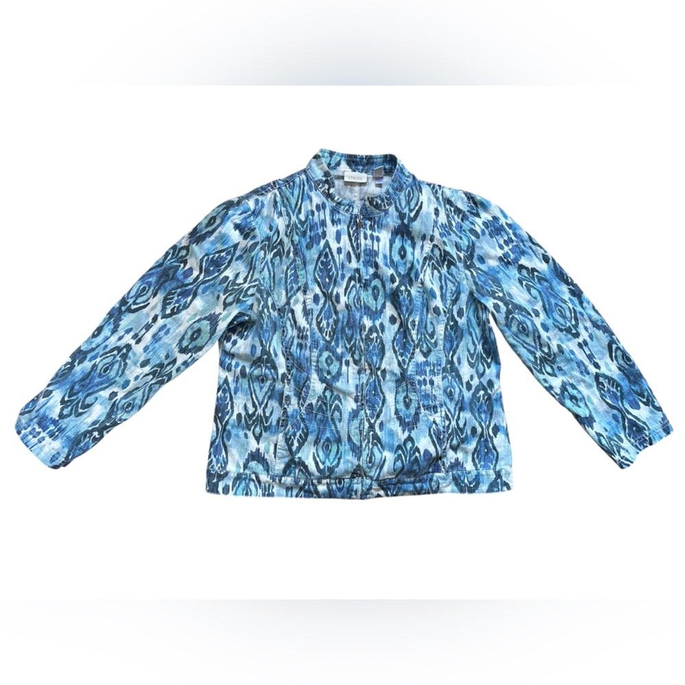 Chico's Lightweight Denim Linen Cotton Blue Teal and White Zip Jacket - 2X